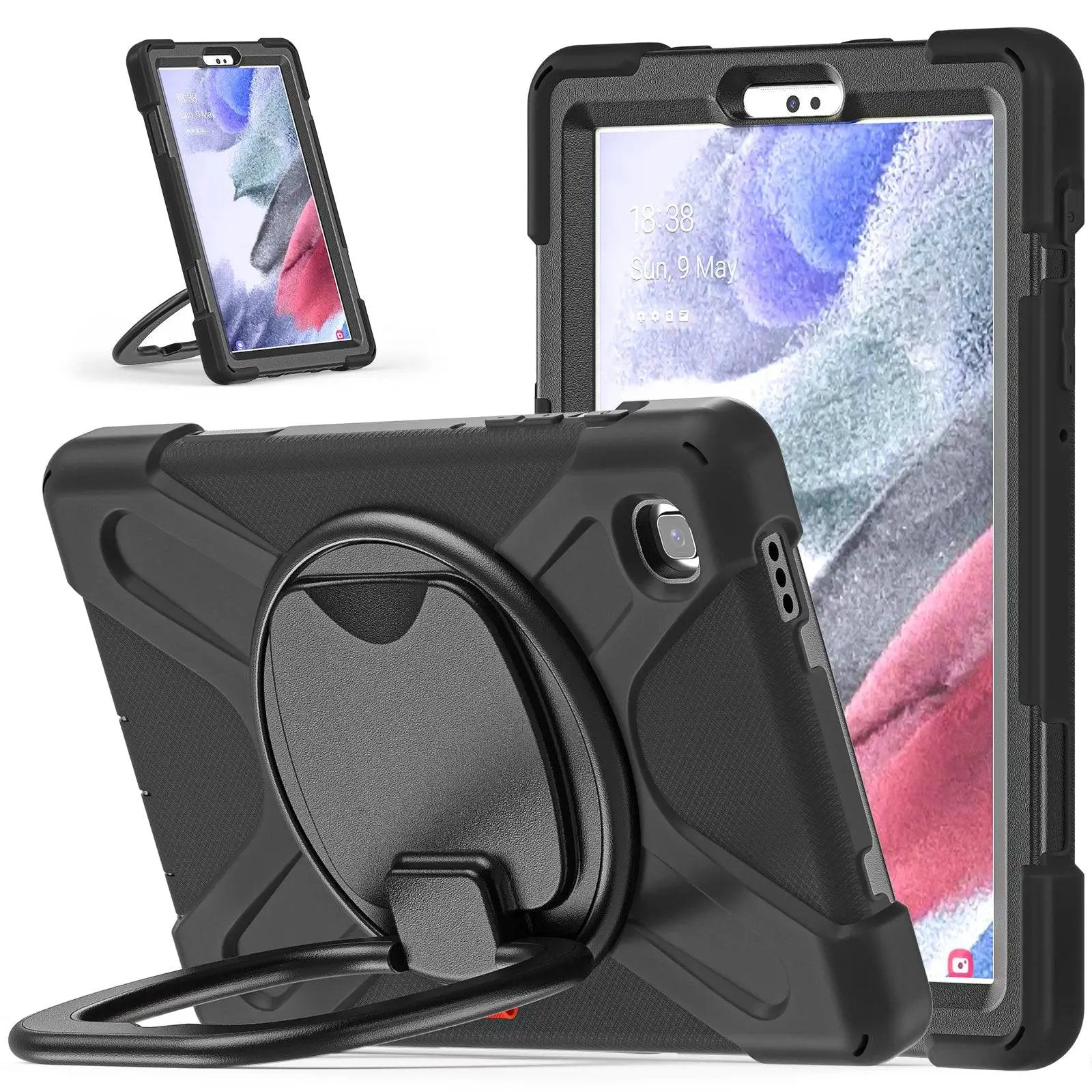 Black rugged protective case for Samsung A7 Lite T220 with 360-degree rotating handle and kickstand for hands-free use.